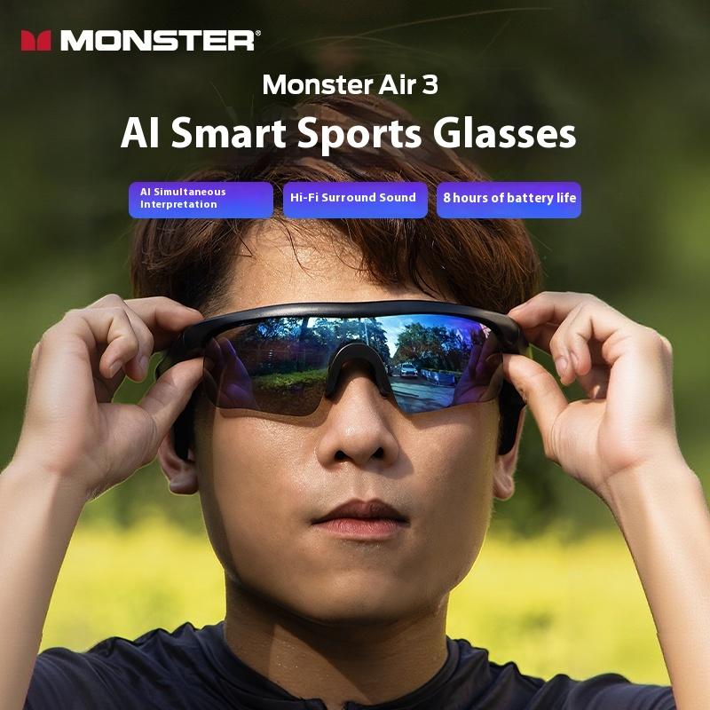 Monster Air 3 AI Smart Sports Glasses with Hi-Fi Sound Bluetooth 5.3 Sunglasses for Music Calls Noise Reduction UV Protection Lightweight Tech Gadget Gifts for Men Women