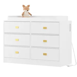 Dresser for Bedroom with 6 Drawers, Changing Table Dresser with Changing Table Top, Nursery Dresser Diaper Changing Station for Baby with Power Outlets, Changing Pad & Removable Top