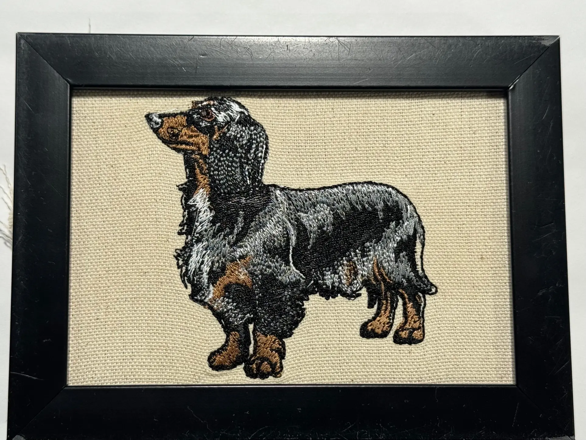 Embroidered Dapple Dachshund Christmas Ornament Rectangle Framed Plaque - Machine-Stitched Home-Office Tabletop Decor, Any Room & Bedroom Use, Other Dog Breeds & Designs Available