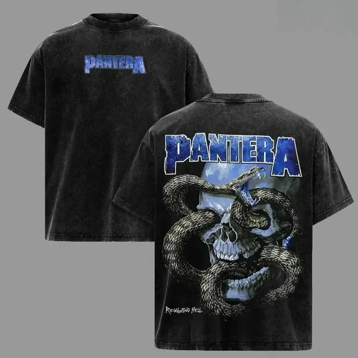Men's Vintage Washed Black Cotton T-Shirt, Pantera Retro Heavy Metal Double-Sided Crew Neck Short Sleeve Tee with Skull & Snake Band Print, Soft Cotton Streetwear for Nightclubs and Rock Music Festivals