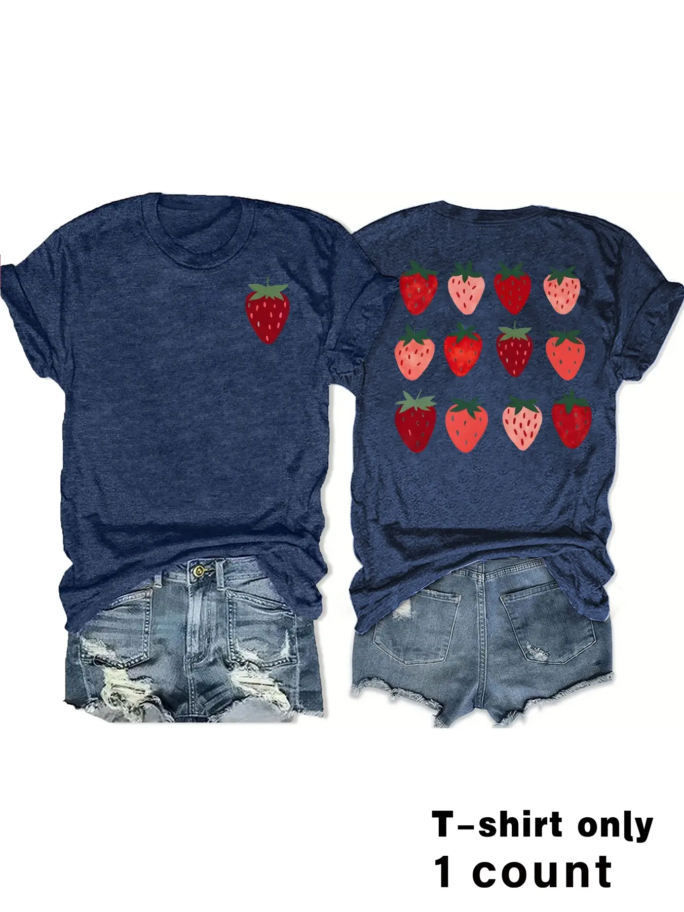 Charming Strawberry Print Fashion Casual Short Sleeve, Summer Fitted Round Neck Lady Women's T-Shirt, Casual Comfy Tee, Comfortable Breathable Fabric Top