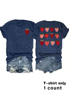 Charming Strawberry Print Fashion Casual Short Sleeve, Summer Fitted Round Neck Women's T-Shirt, Comfortable Breathable Top