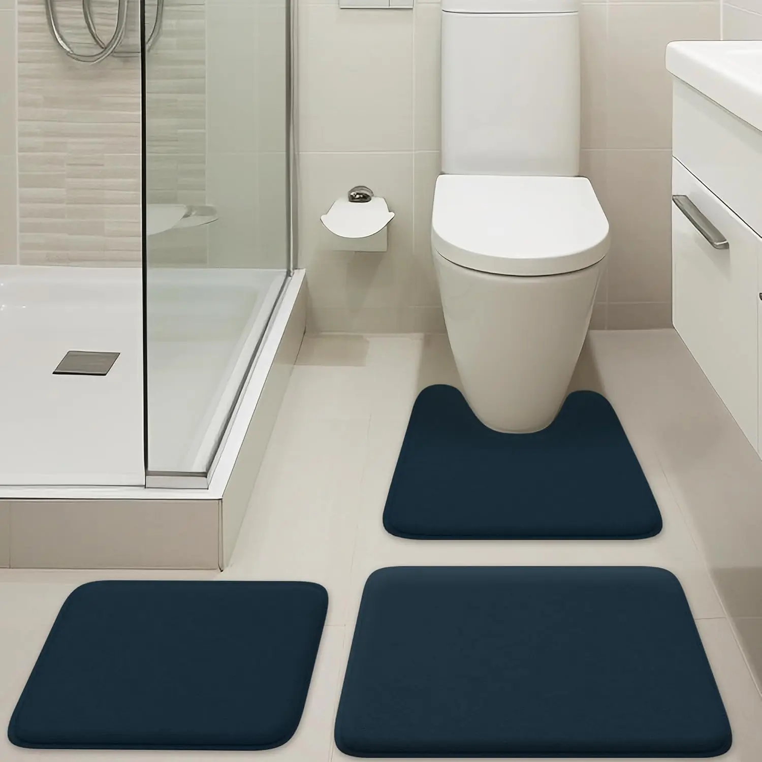 3‑Piece Memory Foam Bathroom Rug Set, Non‑Slip Absorbent Bath Mat + U‑Shaped Toilet Rug, Soft Quick‑Dry Bath Floor Mats for Bathroom Shower & Toilet Base
