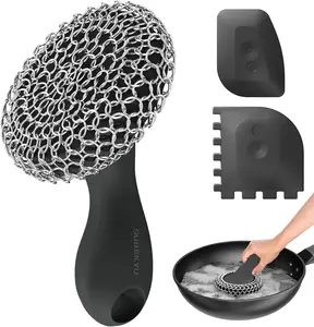 Cast Iron Scrubber with Silicone Handle, Stainless Steel Skillet Cleaner for Cast Iron Pans (Black Scrubber + Scraper)