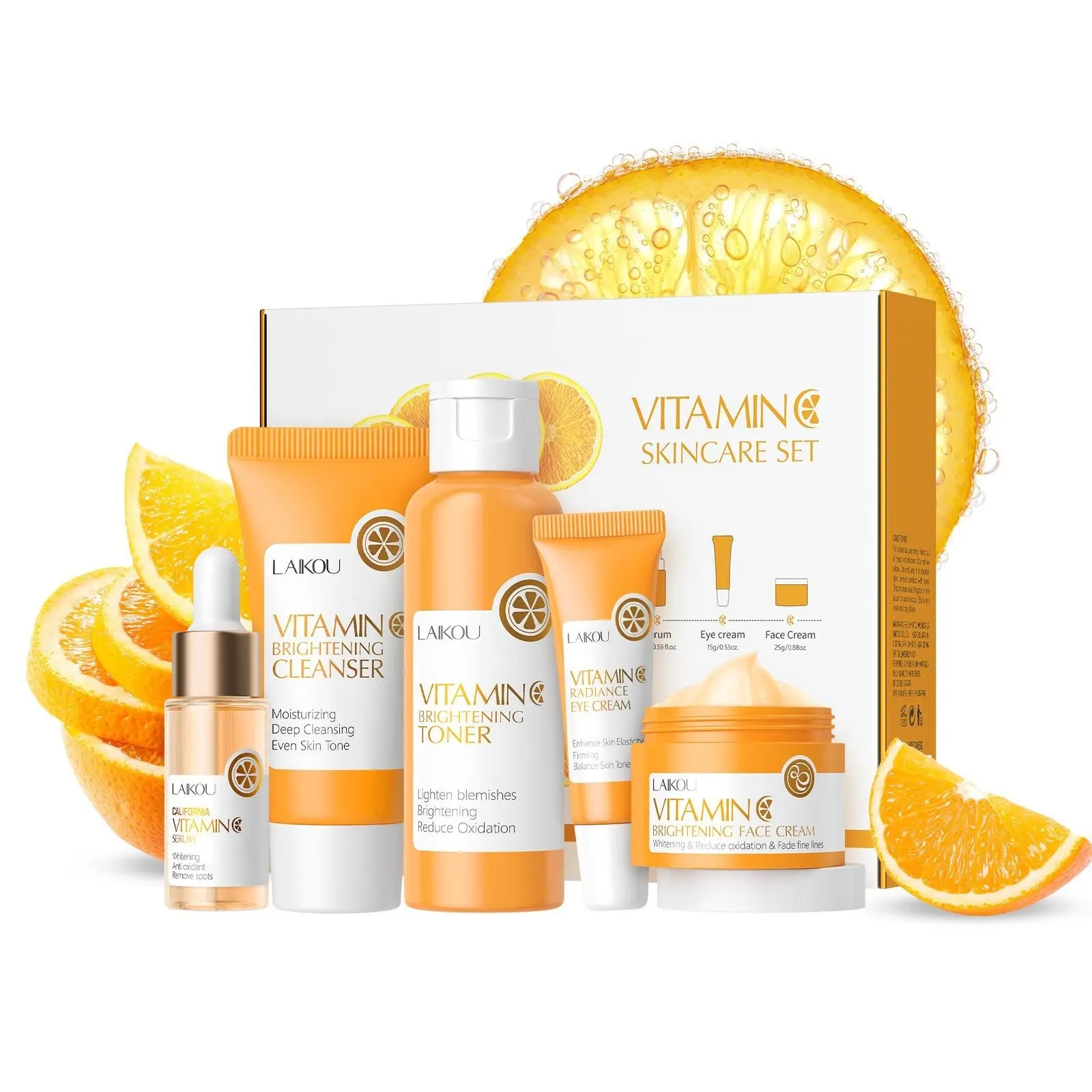 Vitamin C Skincare 5-Piece Set, Moisturizing Cleanser + Brightening Toner + Serum + Eye Cream + Face Cream, Multi-Function Hydrating Facial Care Kit