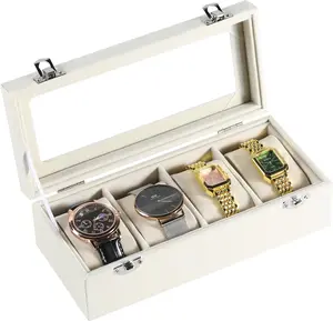 4-Slot Watch Box, Watch Case with Glass Lid,Watch Organizer Box for Men and Women,Lockable Watch Storage,Watch Display Case,Ideal (Beige)