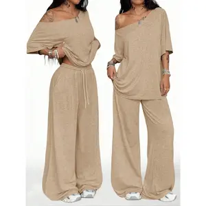 Women's Casual Solid Color Sport Two-Piece Set, Loose Long Pants & Wide Leg Slant Neck Pant Suit, Spring & Fall Fashion