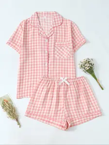 Women's Two-Piece Pajama Set, Casual Comfortable Woven Lapel Pocket Shirt Short Sleeve + Elastic Waist Shorts, All-Season Plaid Print Sleepwear Pjs
