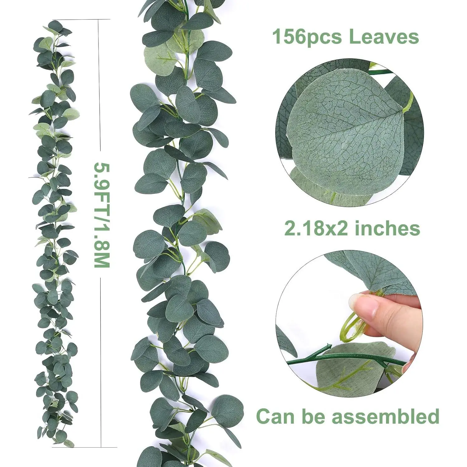2 Pack Artificial Eucalyptus Garland Faux Silk Leaf Silver Dollar Eucalyptus Leaves Vines Handmade Garland Greenery Wedding Backdrop Indoor Outdoor Arch Wall Decoration