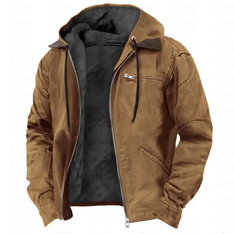 Solid Color Hooded Cotton Jacket Casual Men's Fleece Zipper Pocket Jacket Coat Menswear Tops Khaki Black Outdoor OverallGift