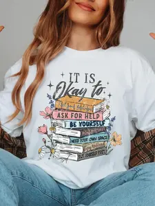 It Is Okay To Book Stack Floral Graphic T-Shirt, Mental Health Quote Print Tee, Oversized Comfort Colors Shirt, Casual Short Sleeve Top, Trendy Bookish Aesthetic Cotton Tee for Book Lovers and Self-Love Fans