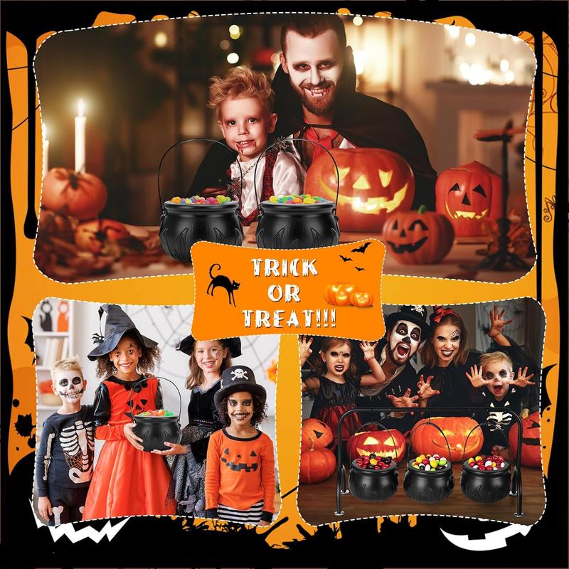 Halloween Decorations Indoor,Halloween Decor- Set of 3 Halloween Witches Cauldron Candy Serving Bowls on Rack,Black Plastic Cauldron with Skeletons for Indoor Outdoor Home Kitchen Decoration