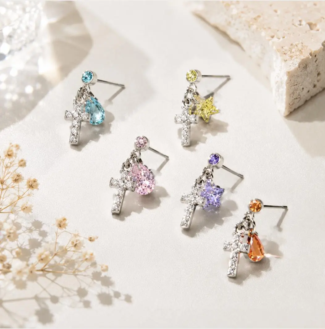 Cross Pendant Earrings for Women, Dainty Colorful Rhinestone Dangle Jewelry, Lightweight & Sparkly for Daily Wear & Gifting, Colorful Earrings, Rhinestones, Feminine Aesthetic, Bling Effect, High Quality Earrings, Clean Girl Earrings