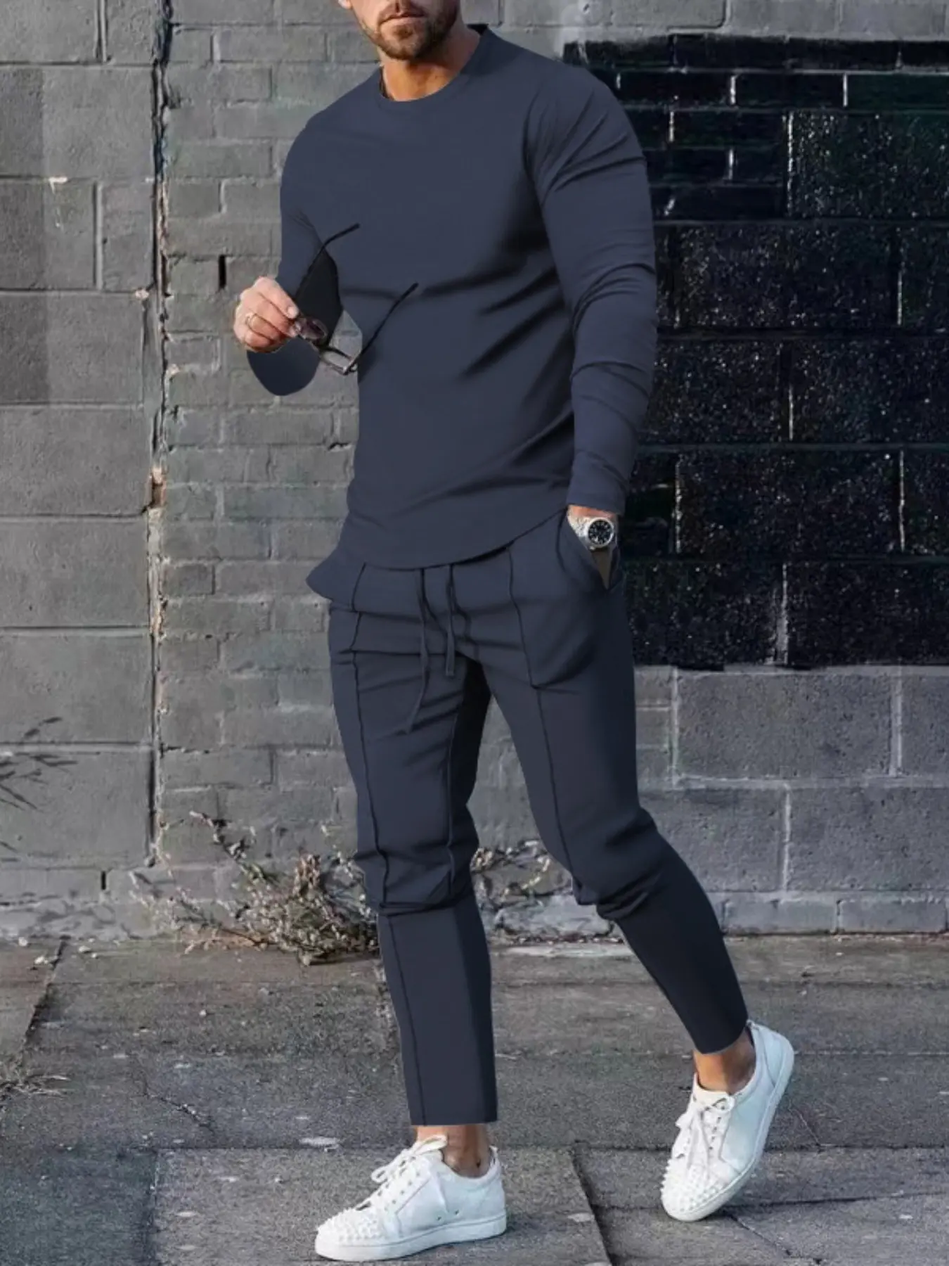 Men's Solid Color Round Neck Long Sleeve T-Shirt & Pants Set, Casual Sportswear Fitness Set for Gym, Daily, Nightlife Street Style, Tracksuit Outfit, Athletic Set, Matching Workout Set, Gym Sets