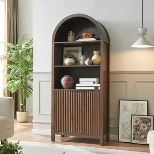 71” Tall Arched Cabinet Mid Century Rounded Bookshelf with Fluted Doors, Open Shelf Display Storage for Dining Room