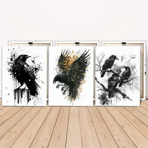 Crow Pattern Canvas Painting with Frame, 3 Counts/set Modern Wall Art Painting, Hanging Wall Art, Wooden Wall Art, Wall Decor for Home Living Room Bedroom Office