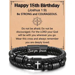 Joshua 1:9 Encouraging Christian Birthday Gifts for Boys Teens Men, Bible Verse Leather Cross Bracelet