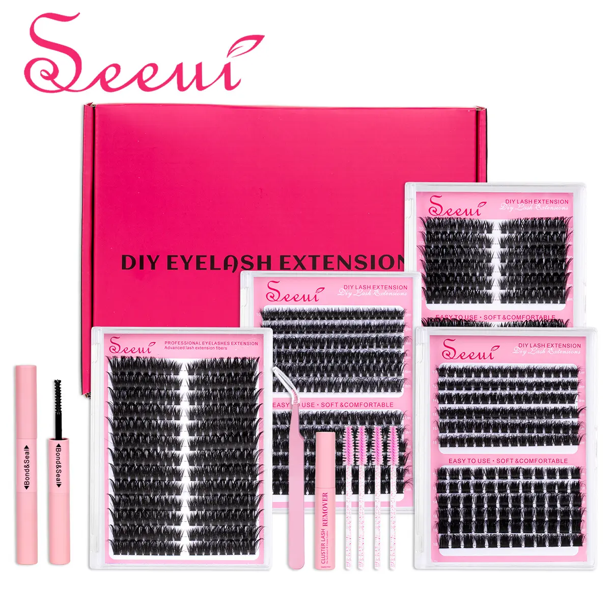 Volume Lashes Clusters Lash Kit 822Pcs with Bond&Seal 4 style Mixed D-Curl False Eyelashes Extensions Kit Individual Wispy Lash Clusters Thick Lash Extensions DIY at Home Easily Wispy Volume Set