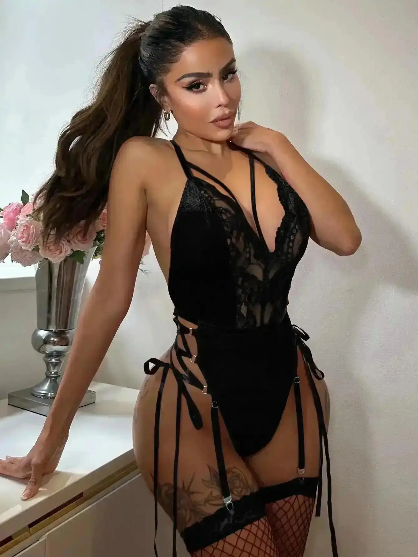 Women's Chic Casual Set Lace Harness Teddy Bodysuit Hollow Out Crisscross Garter Babydolls with Stockings, Sexy Lingerie Set Romantic Babydoll Chemise Bustier Garter Push Up Bra Underwear, Smooth, Trendy