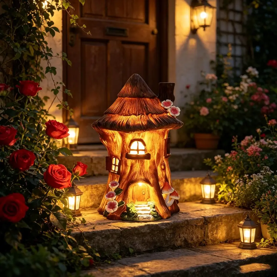 Enchanted Solar Treehouse Garden Statue, Glowing Fairy House Decor for Outdoor Lawn, Patio, & Yard, Magical LED Whimsical Tree Stump Sculpture, Weatherproof Resin Figurine for Landscaping, Unique Gift for Garden Lovers, Yard Decoration