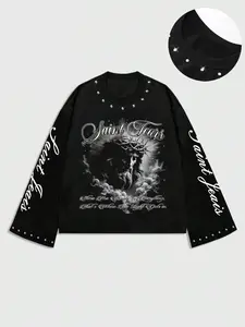 Unisex Graphic Sweatshirt, Short Bell Sleeve Long Sleeve, Jesus Faith Print + Studs Design, Spring & Fall Casual Wear, Street Style