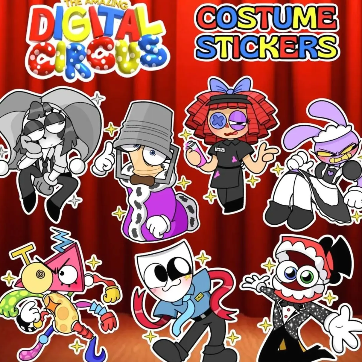 The Amazing Digital Circus Costume Vinyl Stickers - Pomni, Jax, Ragatha, Gangle, Zooble, Kinger, Caine