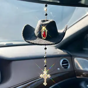 Faith Charm - cowboy hat with Virgin Mary charm and rhinestone trim. Red cross hanging charm Car Ornament