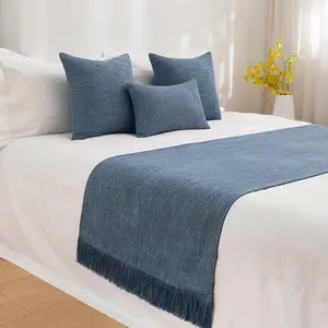 Cotton Linen Solid Color King Size Bed Runner Scarf With Tassel Matching Cushion Cover Bedding Blue 50 * 260CM For 2.0m Bed