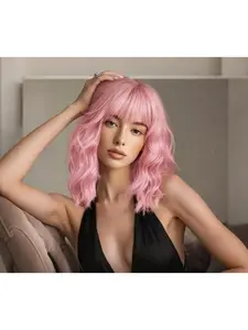 Pink Wavy Bob - Style Wig with Bangs for Cosplay  Daily Fashion