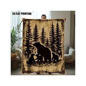 1pc Bears In Forest Twilight Throw Blanket - Black Bears & Pine Trees Design - Ultra-Soft Flannel All-Season Couch Bedspread - Cozy Living Room, Bedroom, Office Decor - Nature-Themed Home Accent, Durable Comfort Fabric-30*40in