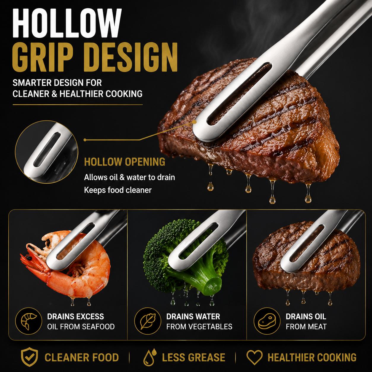 Premium 304 Stainless Steel BBQ Tongs, 10.6 Inch Long Handle Grill Tongs with Anti-Slip Hollow Grip Design, Food Grade Cooking Tongs for Steak, Seafood & Outdoor BBQ