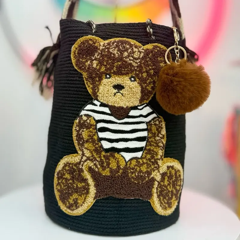 Handmade Teddy Bear Wayuu Bucket Bag – Black Crochet Crossbody Bag with Plush Bear, Artisan Handwoven Purse, Boho Statement Bag