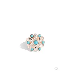 Flower of Life - Rose Gold Turquoise Stone Opalescent Rhinestone Ring - Paparazzi