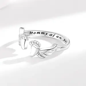 Engraved Angel Wing Letter Cuff Ring for Women – Adjustable Open Band, Elegant All-Match Jewelry for Daily Wear