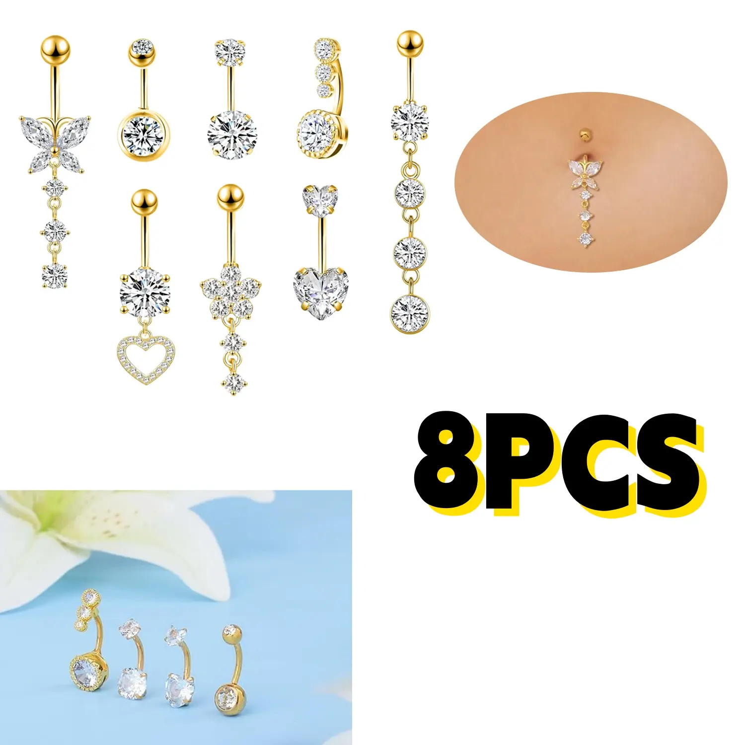 8pcs Belly Button Ring Dangle Belly Piercing Belly Rings, Belly Piercing, 14G Belly Rings Mini Stainless Steels Belly Ring Navel Rings,