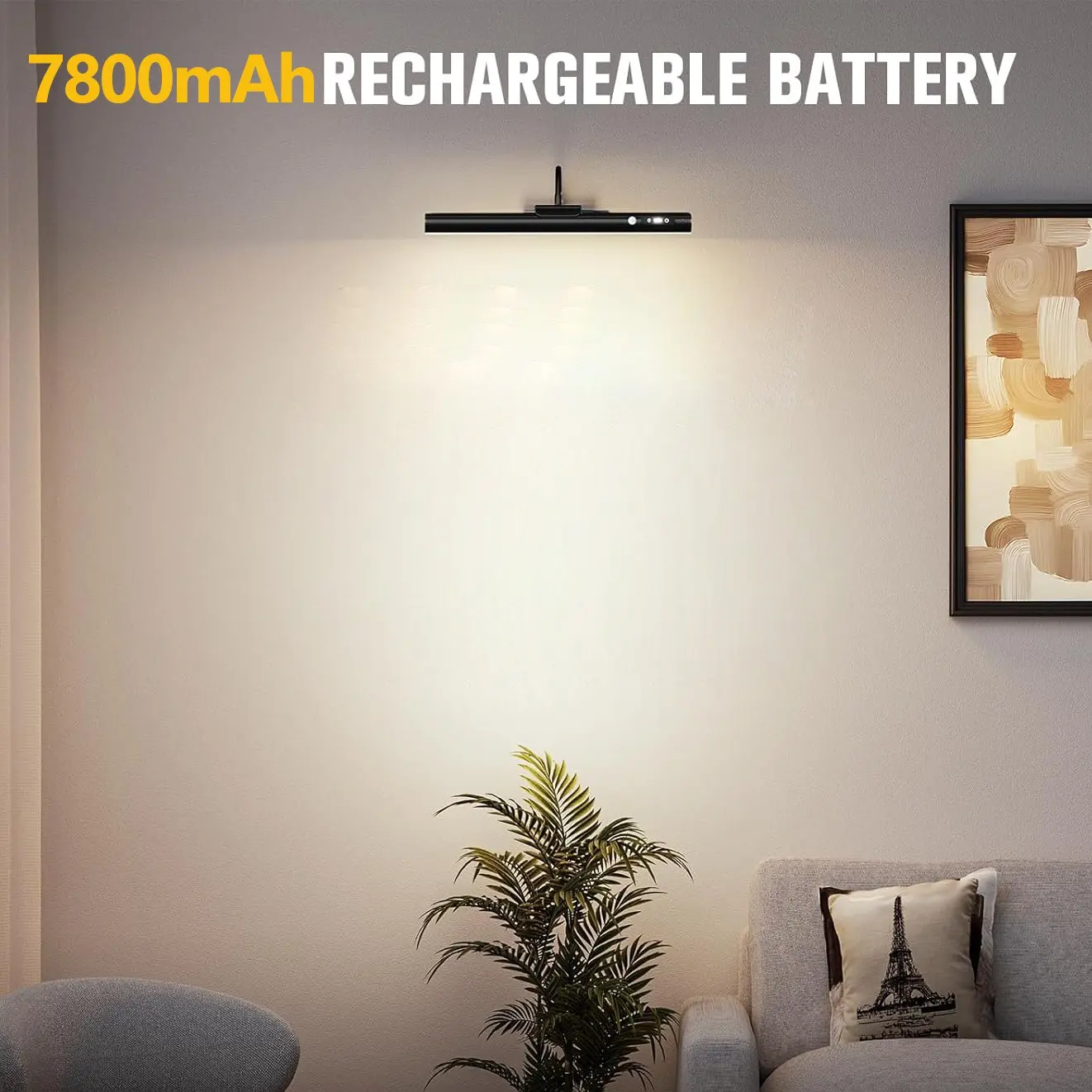 Motion Sensing Wall Light, USB-Rechargeable Picture Light, Portable Light, 7800mAh Battery Capacity, Remote and Touch Dimming – For Living Room, Hallway, Gallery and Restaurant Decorative Wall Lighting, Dimmable Wall Lamp