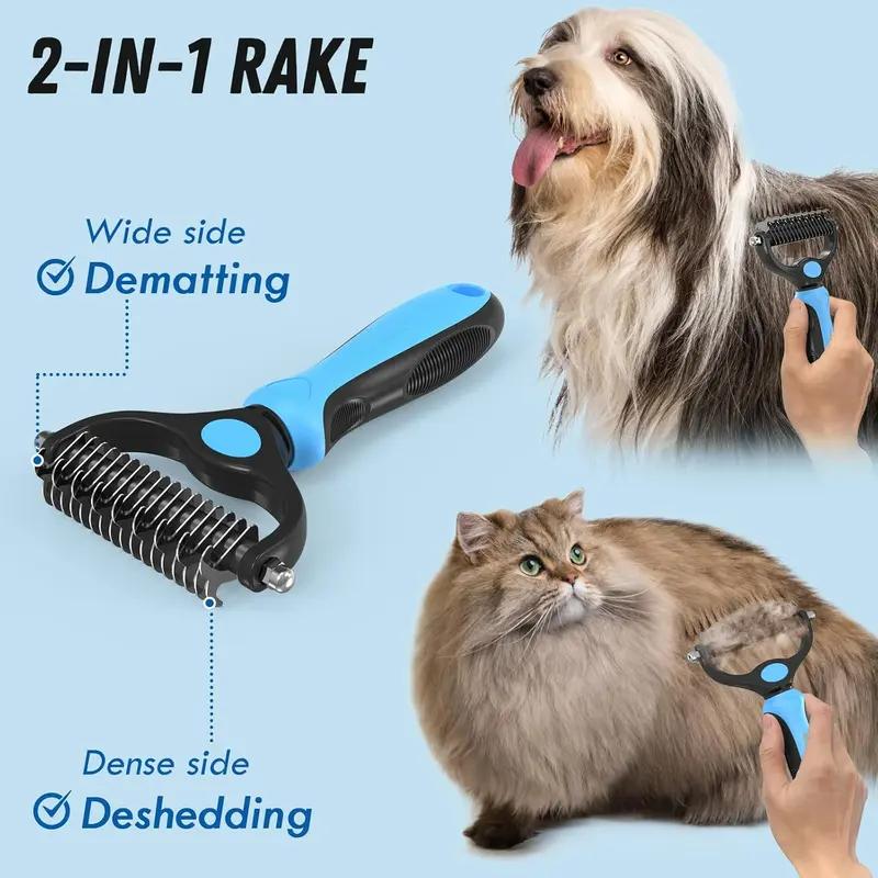 Dog & Cat 2-Piece Deshedding Grooming Accessories Set - Deshedding Tool, Slicker Brush, Double-Sided Pain-Free Comb, 17-Tooth Tool, 6.7"l Ultra-Wide Base Detangler, 3.9"w(2.6" Brush Part), Fur Removal, Universal Fit, Shiny Coat Boost, 17-Tooth Side, Dual