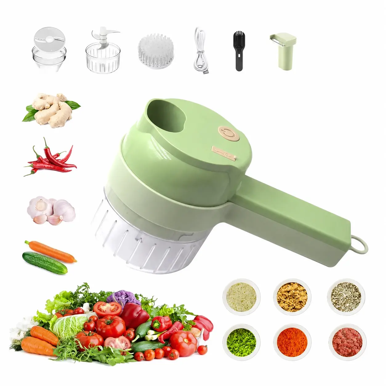 4-in-1 Handheld Electric Food Chopper, Portable Mini Food Processor with Stainless Steel Chopping Blade, Slicer, Mixer, Cleaning Brush and Food Pusher, Compact Kitchen Prep Tool for Garlic, Vegetables, Eggs and Salads