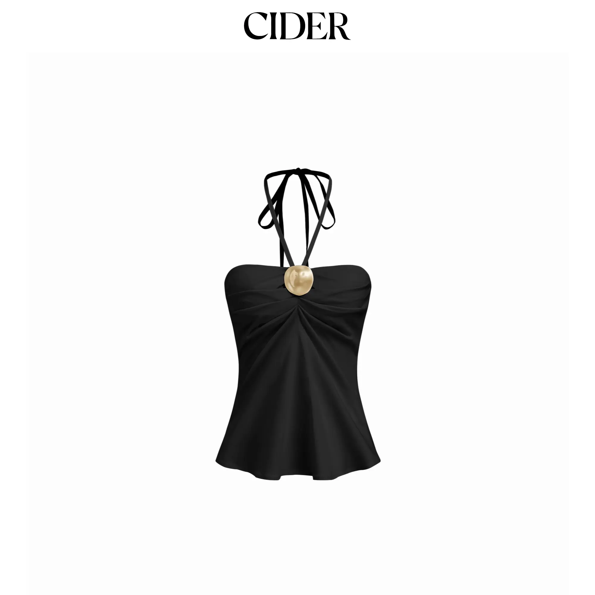 Cider Cotton-blend Halter Neckline Ruched Metal Detail Shirred Top for Summer Vacations, Lady Mid Size Elegant Top for Datenight & Beach Fashion