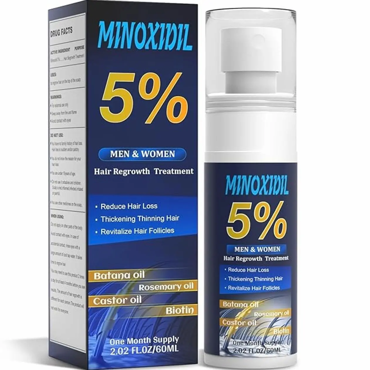 5% Minoxidil for Men and Women, Hair Growth Biotin Serum with Batana and Rosemary for Hair beard Regrowth Treatments, Extra Strength Hair Loss Solution, Clinically Proven to Regrow Thicker, 2.02FL OZ