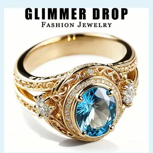 Palace Noble Lady Princess Style Hollow-Out Gold-Tone Ring - Blue Crystal Decor INS Fashion Elegant Statement Ring Jewelry Ring Jewelsring