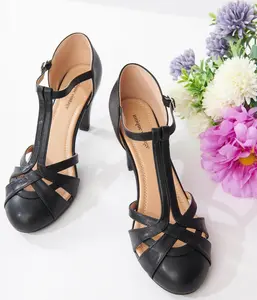 Unique Vintage Black Leatherette Woven T-Strap Heels