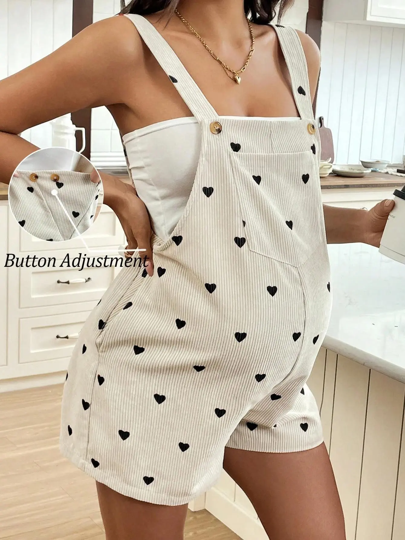 Zesty Maternity Maternity Romper Heart Print Adjustable Corduroy Comfortable Everyday Outfit