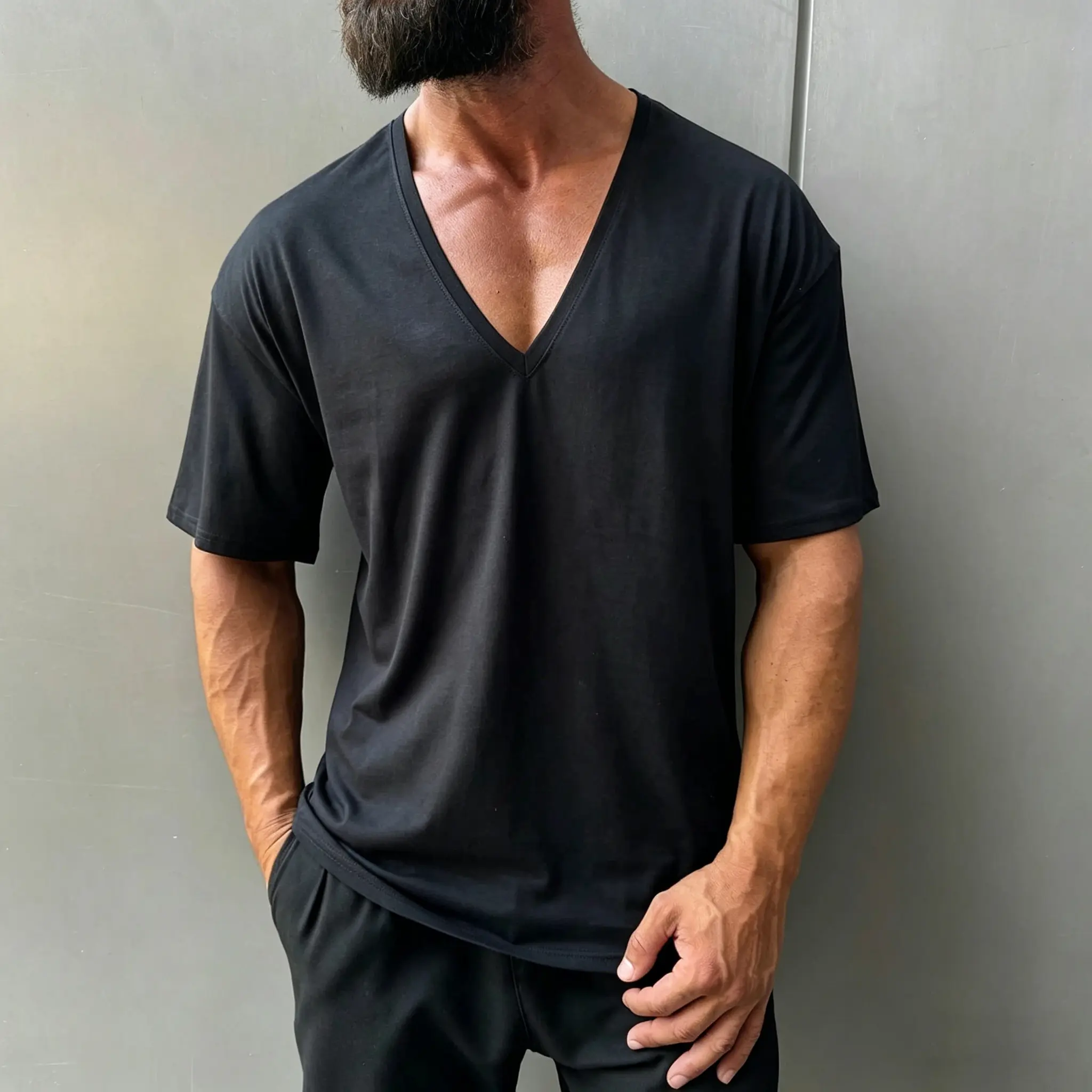 Men’s Deep V-Neck Short Sleeve T-Shirt, Solid Black Casual Loose Fit Top, Soft Breathable Fabric, Minimalist Streetwear Essential, Perfect for Elevating Your Everyday Summer Outfits in Modern Mensfashion