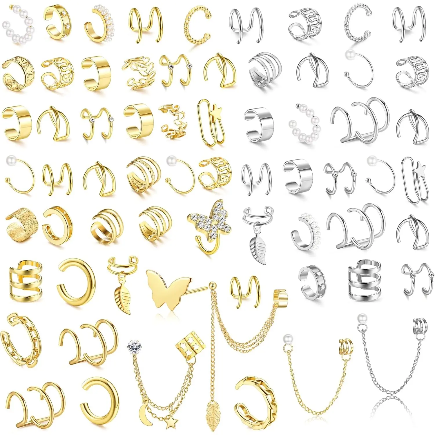 FIASASO 66-Piece Non-Piercing Ear Cuff Earrings Set for Women, Hypoallergenic Silver-Plated Clip-On Fashion Silver Earrings Set, Helix Cartilage Wraps with CZ Star Butterfly Designs for Sensitive Ears