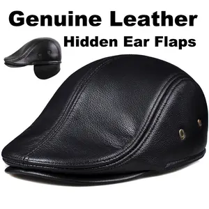 Men’s Genuine Sheepskin Leather Newsboy Cap, Winter Thick Padded Flat Ivy Duckbill Hat with Ear Flaps, Warm Leather Driving Cap