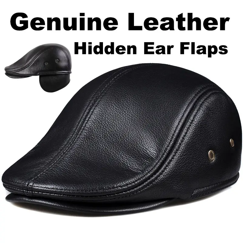 Men’s Genuine Lamb Skin Leather Newsboy Cap - Winter Thick Padded Flat Ivy Duckbill Hat with Ear Flaps, Hook and Loop Closure, Warm Driving Cap for Father’s Anniversary, Suitable for Dry Cleaning, Built-In Ear Flaps