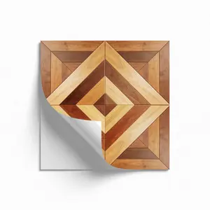 Peel and Stick Floor Tiles, Pack of 10, Geometric Wood Inlay Pattern, Multi-Tone Brown Wood Grain Vinyl Flooring, Waterproof Non-slip Removable Floor Stickers for Kitchen, Bathroom, Living Room, Renters Friendly, Self-Adhesive DIY Flooring for Home Deco