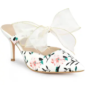 BLISSFUL STEP Women's Pointed Toe Lace Bow Floral Printed Stiletto Heels Mules White