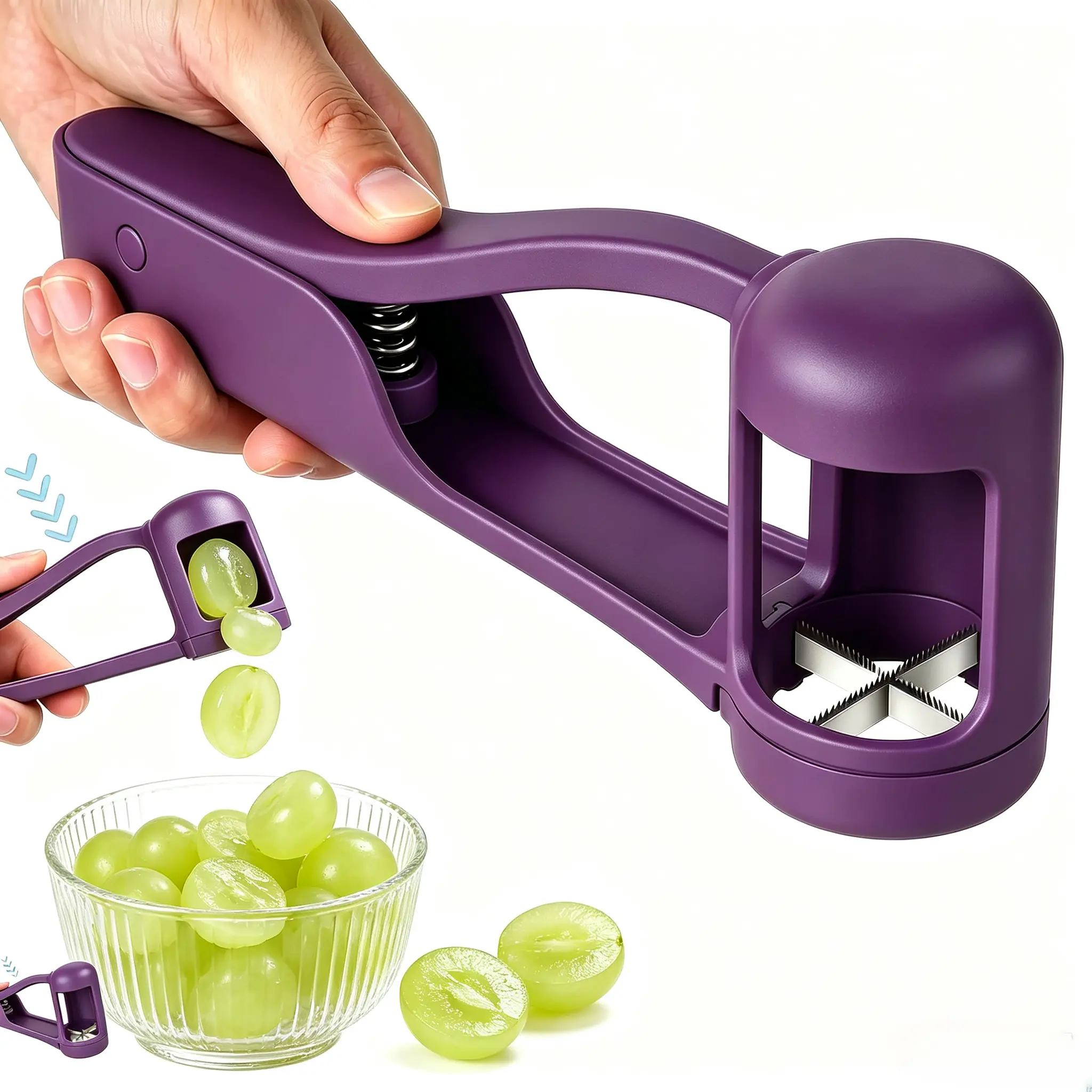 1-Press Grape Slicer, BPA-Free ABS Multi-Fruit Cutter with 304 Stainless Steel Serrated Blades, Anti-Choking Fruit Slicer for Toddler Snacks, Baby Food & School Lunch Prep